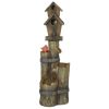 Outdoor Fountain with Birdhouse, Cascading Garden Waterfall Bird Bath with 3-Tier Rustic Tree Trunk / Log Design, LED Lights for Porch, Deck