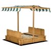 Outsunny Wooden Kids Sandbox with Cover, Children Outdoor Sand Box with Foldable Bench Seats, Adjustable Canopy, Bottom Liner for Outdoor, Brown