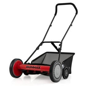 18-Inch 5-Blade Push Reel Lawn Mower with Grass Catcher, Manual Walk-Behind Mower with 4-Level Height Adjustment - Red