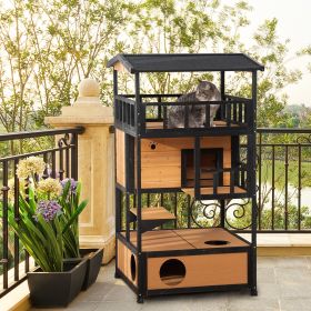 Wooden Outdoor Cat House, Feral Cat Shelter Kitten Condo with Asphalt Roof, Escape Doors, Condo, Jumping Platform, Yellow