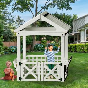 Outdoor Playhouse for Kids, Wooden Playhouse, Backyard Playhouse with bench and door