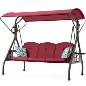 3-Seat Outdoor Canopy Swing with Stand 800LBS Capacity - Porch Glider with Cup Holders (Color: Red)