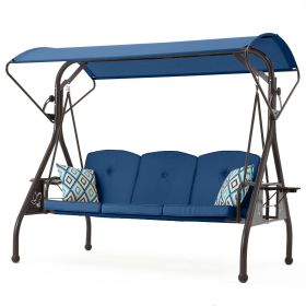 3-Seat Outdoor Canopy Swing with Stand 800LBS Capacity - Porch Glider with Cup Holders (Color: Blue)