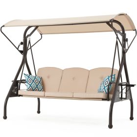 3-Seat Outdoor Canopy Swing with Stand 800LBS Capacity - Porch Glider with Cup Holders (Color: Khaki)