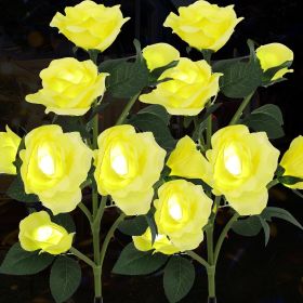 Solar Rose Lights Outdoor, 2 Pack with 14 Rose Flowers Waterproof Color Changing LED Flower Lights, Solar Powered Garden Stakes for Yard, Patio (Color: Yellow)