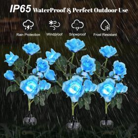 Solar Rose Lights Outdoor, 2 Pack with 14 Rose Flowers Waterproof Color Changing LED Flower Lights, Solar Powered Garden Stakes for Yard, Patio (Color: Blue)