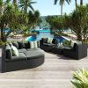 GO 7-piece Outdoor Wicker Sofa Set, Rattan Sofa Lounger, With Striped Green Pillows, Conversation Sofa, For Patio, Garden, Deck, Black Wicker