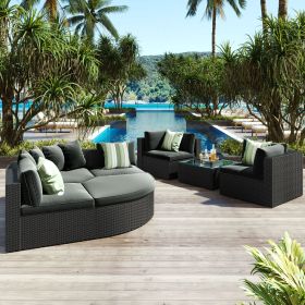 GO 7-piece Outdoor Wicker Sofa Set, Rattan Sofa Lounger, With Striped Green Pillows, Conversation Sofa, For Patio, Garden, Deck, Black Wicker (Color: as Pic)