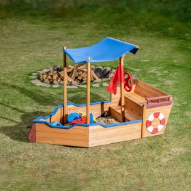 Outsunny Pirate Ship Sandbox with Cover and Rudder, Wooden Sandbox with Storage Bench and Seat, Outdoor Toy for Kids Ages 3-8 Years Old (Color: Natural Wood)
