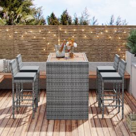 5-pieces Outdoor Patio Wicker Bar Set, Bar Height Chairs With Non-Slip Feet And Fixed Rope, Removable Cushion, Acacia Wood Table Top (Color: Gray)
