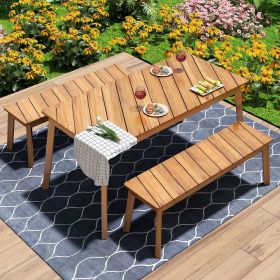 3 Pieces Acacia Wood Table Bench Dining Set For Outdoor & Indoor Furniture With 2 Benches, Picnic Beer Table for Patio, Porch, Garden, Poolside (Color: Acacia Wood)