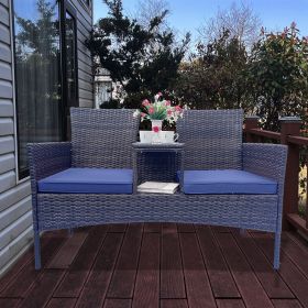 Wicker Patio Conversation Furniture Set, Outdoor Furniture Set with Removable Cushions & Table, Tempered Glass Top (Color: Blue)