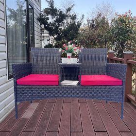 Wicker Patio Conversation Furniture Set, Outdoor Furniture Set with Removable Cushions & Table, Tempered Glass Top (Color: Red)