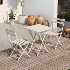 3 Piece Patio Bistro Set of Foldable Square Table and Chairs (Color: CREAM WHITE)