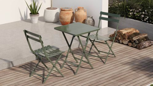 3 Piece Patio Bistro Set of Foldable Square Table and Chairs (Color: Dark Green)