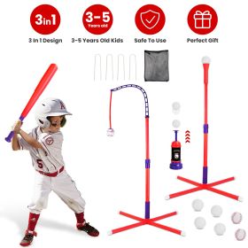 3-In-1 Baseball Toy Set For 3-5Years Old Kids And Toddlers Includes Tee Ball Stand Hanging Tee Automatic Ball Launcher with Adjustable Height For Indo (Color: Red)