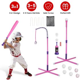 3-In-1 Baseball Toy Set For 3-5Years Old Kids And Toddlers Includes Tee Ball Stand Hanging Tee Automatic Ball Launcher with Adjustable Height For Indo (Color: Pink)