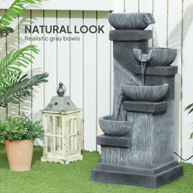 33.5" Water Fountain, 4-Tier Resin Cascading Bowls Outdoor Waterfall Fountain with LED Lights, Pump (Color: Gray)