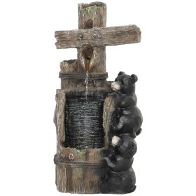 22.8" Water Fountain, 3-Tier Resin Bears on Log Outdoor Waterfall Fountain with LED Lights, Pump (Color: Brown)