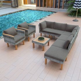 GO 9-Piece Patio Rattan Furniture Set, Outdoor Conversation Set With Acacia Wood Legs and Tabletop, PE Rattan Sectional Sofa Set with Coffee Table (Color: as Pic)
