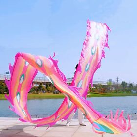 19.6ft Washable Silk-like Dragon Poi with Adjustable Wand, 6 meters of Outdoor Flinging Fitness Dance with 3D Rainbow Color Dragon Ribbon Streamer Set (Color: Pink Phoenix)