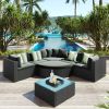 GO 7-piece Outdoor Wicker Sofa Set, Rattan Sofa Lounger, With Striped Green Pillows, Conversation Sofa, For Patio, Garden, Deck, Black Wicker