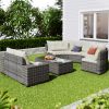 8-pieces Outdoor Wicker Round Sofa Set, Half-Moon Sectional Sets All Weather, Curved Sofa Set With Rectangular Coffee Table
