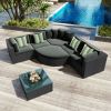 GO 7-piece Outdoor Wicker Sofa Set, Rattan Sofa Lounger, With Striped Green Pillows, Conversation Sofa, For Patio, Garden, Deck, Black Wicker